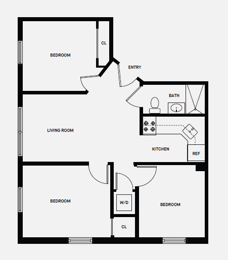 Floor plan for 3 beds, 1 bath, 603 sqft